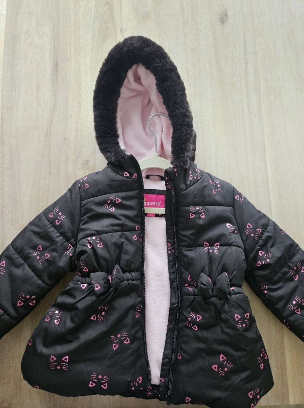 Black Puffy Hooded Coat with Pink Cat Print - Picture 4 of 4